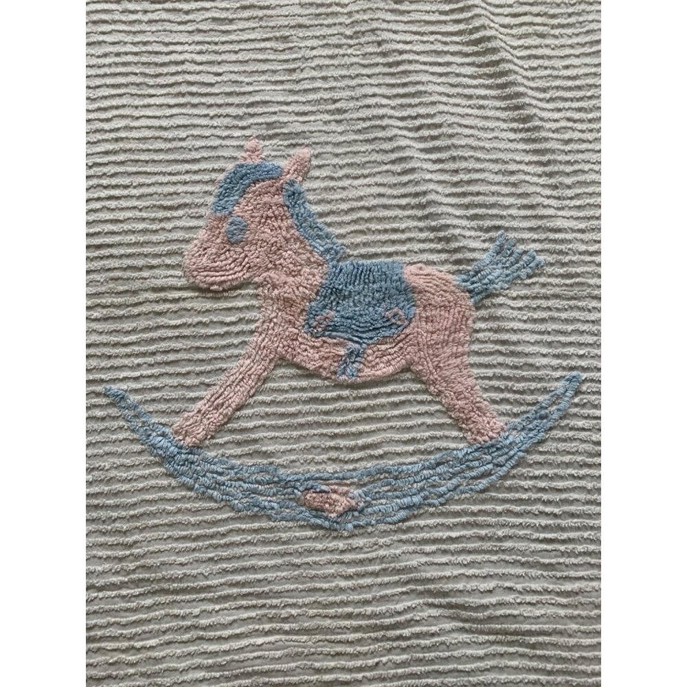 Vtg Chenille Pink Rocking Horse Baby Blanket Lightweight Bedspread 42x64 Adorabl